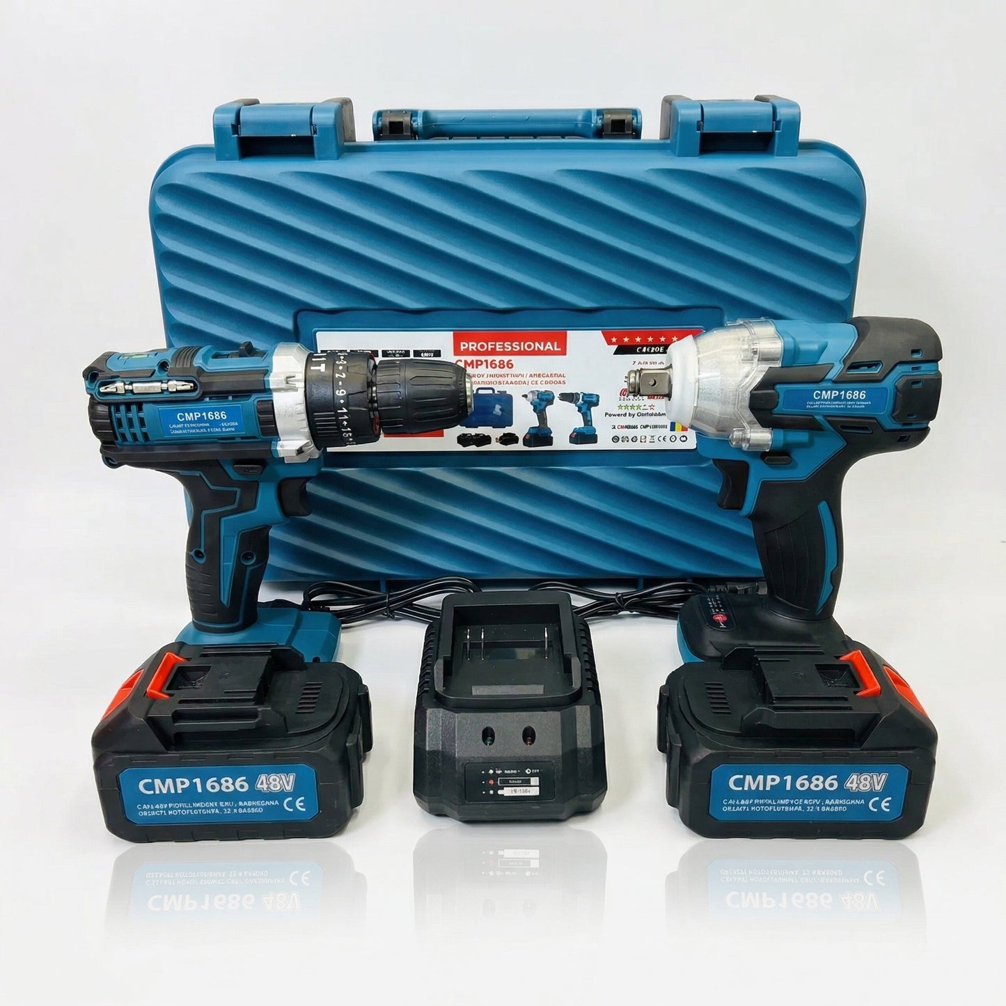 Set Profesional Bormașină + Mașină de Înșurubat cu Impact 350NM cu 2 Acumulatori 48V 8Ah și Valiză de Transport